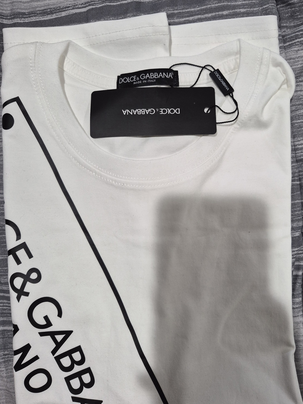 Dolce & Gabbana White Tee with Black Diagonal Logo Plaque - Picture 7 of 7